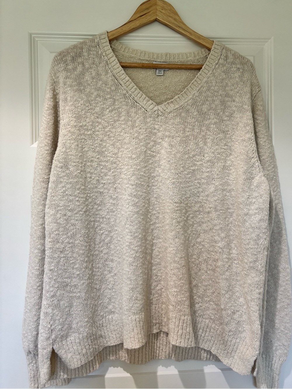 J. Crew Sz 2X Cream Oatmeal Slub Cotton Sweater V-Neck Relaxed Fit EUC - Picture 2 of 9